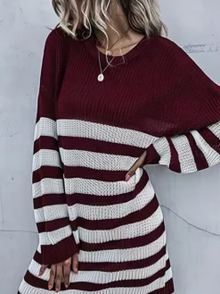 Women's Sweater Dress Jumper Dress Casual Dress Mini Dress Warm Color Block Outdoor Casual Daily Going Out Crew Neck Long Sleeve Patchwork 2023 Loose Fit Wine S M L -Party Prom Dresses Sales Store hizhoe1695643753826