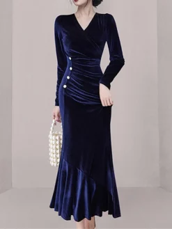 Women's Prom Dress Party Blue Dress Velvet Dress Long Dress Maxi Dress Blue Long Sleeve Pure Color Lace Up Fall Winter Autumn Crew Neck -Party Prom Dresses Sales Store hjerfh1695030106527