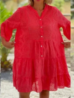 Women's Casual Dress Cotton Linen Dress Shift Dress Midi Dress Cotton Blend Fashion Casual Outdoor Daily Vacation Split Neck Ruffle Button 3/4 Length Sleeve Summer Spring Fall 2023 Loose Fit White Red -Party Prom Dresses Sales Store hjkoim1685442942400