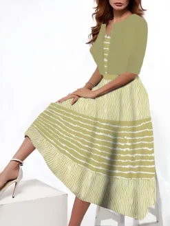 Women's Two Piece Dress Set Casual Dress Tank Dress Outdoor Daily Fashion Streetwear Pocket Print Midi Dress V Neck 3/4 Length Sleeve Stripe Regular Fit Pink Blue Purple Summer Spring S M L XL XXL -Party Prom Dresses Sales Store hjzbmy1690542702497