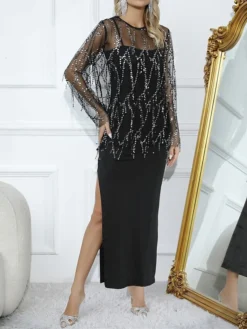 Women's Two Piece Dress Set Party Dress Sheath Dress Party Wedding Guest Fashion Party Mesh Split Long Dress Maxi Dress Crew Neck Long Sleeve Plain Loose Fit Black Fall Winter S M L XL XXL -Party Prom Dresses Sales Store hkatbq1696926224031
