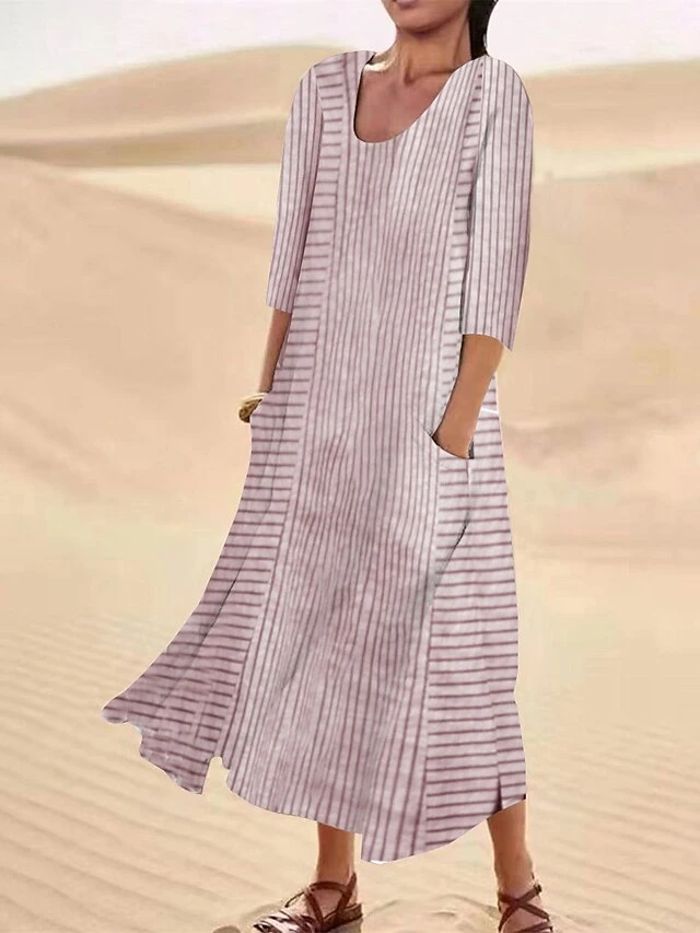 Women's Casual Dress Cotton Linen Dress Midi Dress Polyester Fashion Casual Daily Outdoor Daily Vacation Crew Neck Pocket Print Half Sleeve Summer Spring Fall 2023 Loose Fit Blue Purple Green 2 Women's Casual Dress Cotton Linen Dress Midi Dress Polyester Fashion Casual Daily Outdoor Daily Vacation Crew Neck Pocket Print Half Sleeve Summer Spring Fall 2023 Loose Fit Blue Purple Green - Image 2