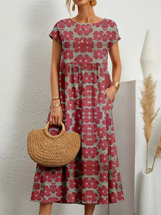 Women's Casual Dress Cotton Linen Dress Swing Dress Midi Dress Linen / Cotton Blend Fashion Casual Outdoor Daily Holiday Crew Neck Pocket Print Short Sleeve Summer Spring 2023 Loose Fit ArmyGreen 1 Women's Casual Dress Cotton Linen Dress Swing Dress Midi Dress Linen / Cotton Blend Fashion Casual Outdoor Daily Holiday Crew Neck Pocket Print Short Sleeve Summer Spring 2023 Loose Fit ArmyGreen