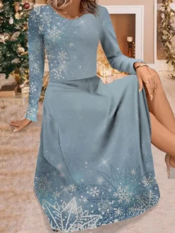 Women's Work Dress Casual Dress Swing Dress Fashion Winter Dress Christmas Daily Midi Dress Print Crew Neck Long Sleeve Snowflake Ombre Regular Fit Wine Navy Blue Blue Fall Winter S M L XL XXL -Party Prom Dresses Sales Store hkneih1695264763512