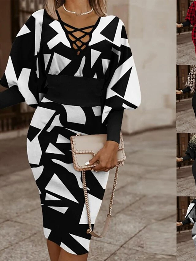 Women's Christmas Casual Dress Bodycon Sheath Dress Mini Dress Black And White Black Khaki Long Sleeve Geometric Patchwork Winter Fall Autumn V Neck Modern 2022 S M L XL XXL 2 Women's Christmas Casual Dress Bodycon Sheath Dress Mini Dress Black And White Black Khaki Long Sleeve Geometric Patchwork Winter Fall Autumn V Neck Modern 2022 S M L XL XXL - Image 2