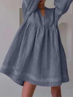 Women's Casual Dress Cotton Linen Dress Swing Dress Mini Dress Linen / Cotton Blend Fashion Modern Outdoor Daily Vacation V Neck Lace Ruched Long Sleeve Fall Winter Autumn 2023 Loose Fit Blue Brown -Party Prom Dresses Sales Store hkzixc1692961125473