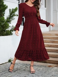 Women's Work Dress Swing Dress Black Dress Fashion Midi Dress Ruched V Neck Long Sleeve Plain Loose Fit Black Red Blue Fall Winter S M L XL XXL -Party Prom Dresses Sales Store hlaygo1693300602081