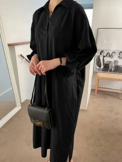 Women's Shirt Dress Casual Dress Cotton Linen Dress Maxi Long Dress Linen / Cotton Blend Basic Classic Outdoor Daily Vacation Shirt Collar Button Split Long Sleeve Spring Fall Autumn 2023 Loose Fit -Party Prom Dresses Sales Store hlysby1692084357855