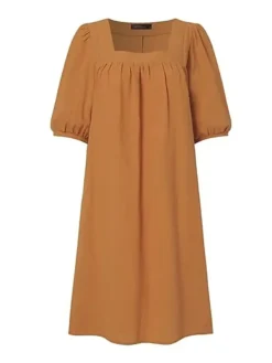 Women's Casual Dress Cotton Linen Dress Shift Dress Mini Dress Cotton Fashion Modern Outdoor Daily Vacation Square Neck Puff Sleeve Basic Half Sleeve Summer Spring Fall 2023 Regular Fit Blue Brown -Party Prom Dresses Sales Store hmdwjv1691144062341