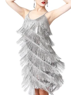 Women's Party Dress Fringe Dress Sequin Dress Midi Dress Silver Black White Sleeveless Pure Color Sequins Summer Spring Fall Spaghetti Strap Fashion Party Vacation Summer Dress 2022 S M L XL XXL 3XL -Party Prom Dresses Sales Store hninvj1639557631454