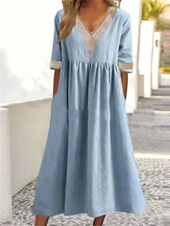 Women's Casual Dress Cotton Linen Dress Swing Dress Midi Dress Cotton Blend Fashion Basic Outdoor Daily Vacation V Neck Lace Ruched Half Sleeve Summer Spring Fall 2023 Loose Fit White Pink Blue Plain 9 Women's Casual Dress Cotton Linen Dress Swing Dress Midi Dress Cotton Blend Fashion Basic Outdoor Daily Vacation V Neck Lace Ruched Half Sleeve Summer Spring Fall 2023 Loose Fit White Pink Blue Plain -Party Prom Dresses Sales Store hnjxsw1681213054807