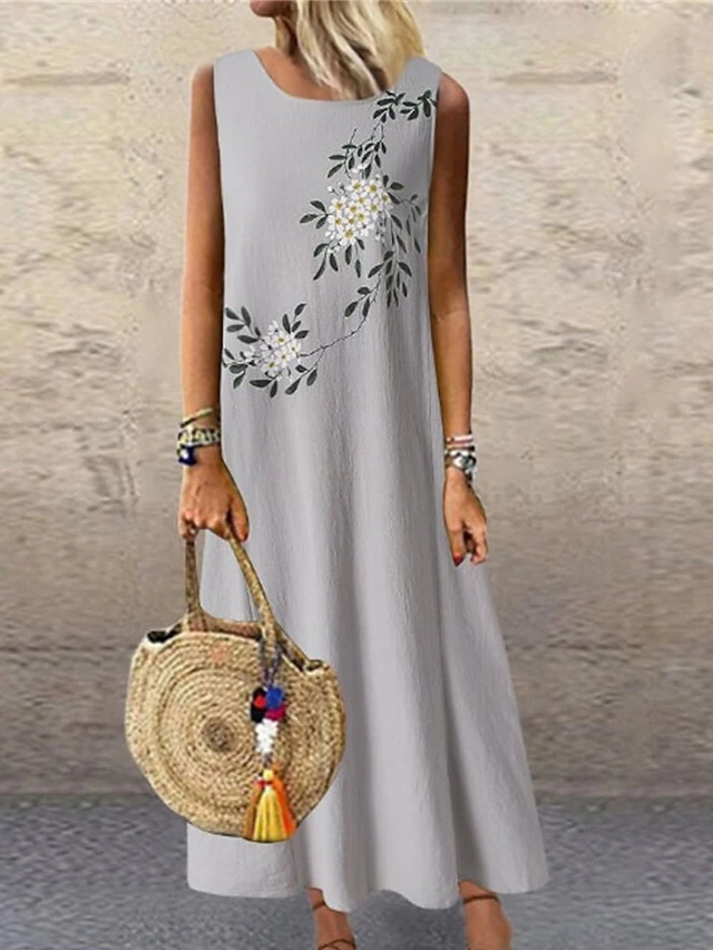 Women's Casual Dress Cotton Dress A Line Dress Maxi Long Dress Cotton Blend Basic Modern Outdoor Daily Vacation Crew Neck Print Sleeveless Summer Spring 2023 Loose Fit Blue Green Gray Flower M L XL 2 Women's Casual Dress Cotton Dress A Line Dress Maxi Long Dress Cotton Blend Basic Modern Outdoor Daily Vacation Crew Neck Print Sleeveless Summer Spring 2023 Loose Fit Blue Green Gray Flower M L XL - Image 2