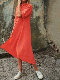 Women's Shirt Dress Casual Dress Cotton Dress Midi Dress Cotton Classic Casual Outdoor Daily Vacation Shirt Collar Ruched Button Long Sleeve Fall Winter Autumn 2023 Regular Fit Pink Red Navy Blue -Party Prom Dresses Sales Store hnubqf1693823271904