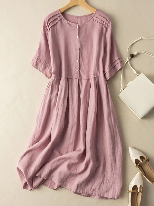 Women's Casual Dress Cotton Linen Dress Midi Dress Linen / Cotton Blend Fashion Classic Style Outdoor Daily Holiday Crew Neck Button Short Sleeve Fall Winter Autumn 2023 Loose Fit Pink Wine Green 1 Women's Casual Dress Cotton Linen Dress Midi Dress Linen / Cotton Blend Fashion Classic Style Outdoor Daily Holiday Crew Neck Button Short Sleeve Fall Winter Autumn 2023 Loose Fit Pink Wine Green