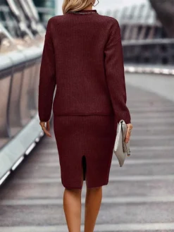 Women's Two Piece Dress Set Casual Dress Skirt Set Outdoor Daily Fashion Streetwear Ribbed Midi Dress Turtleneck Long Sleeve Plain Loose Fit Black Wine Dark Pink Fall Winter S M L XL XXL -Party Prom Dresses Sales Store hoasgj1693214132497
