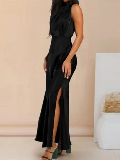 Women's Prom Dress Party Dress Satin Dress Long Dress Maxi Dress Black Light Green Wine Sleeveless Pure Color Split Summer Spring Stand Collar Fashion Evening Party Wedding Guest Vacation Loose Fit -Party Prom Dresses Sales Store honczf1678413534363