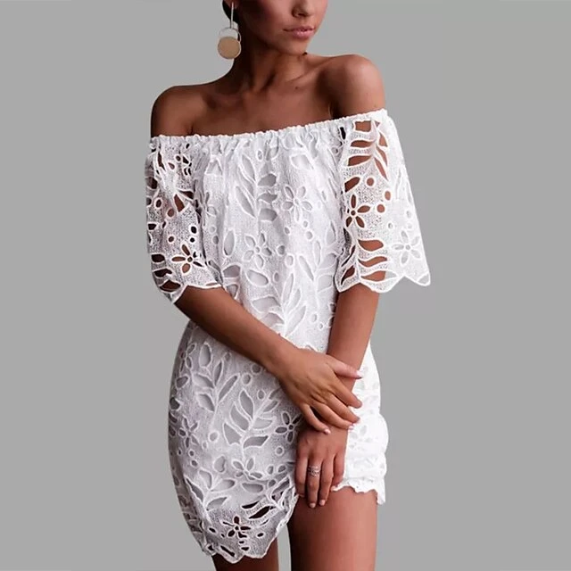 Women‘s Party Dress Wedding Guest Dress Shift Dress White Dress Mini Dress White Half Sleeve Pure Color Lace Fall Spring Autumn Off Shoulder Elegant 2023 S M L XL XXL 4 Women‘s Party Dress Wedding Guest Dress Shift Dress White Dress Mini Dress White Half Sleeve Pure Color Lace Fall Spring Autumn Off Shoulder Elegant 2023 S M L XL XXL - Image 4