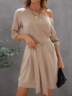 Women's Work Dress Casual Dress White Dress Fashion Daily Workfashion Mini Dress Patchwork Crew Neck Long Sleeve Plain Loose Fit White Khaki Fall Winter S M L XL -Party Prom Dresses Sales Store hovjxw1695635217121