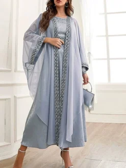 Women's Two Piece Dress Set Party Dress Sheath Dress Party Wedding Guest Fashion Party Embroidered Long Dress Maxi Dress Crew Neck Long Sleeve Print Regular Fit Gray Fall Winter S M L XL -Party Prom Dresses Sales Store hoxpsy1695105967741