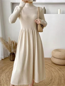 Women's Sweater Dress Jumper Dress Casual Dress Midi Dress Fashion Plain Outdoor Daily Going Out Turtleneck Long Sleeve 2023 Loose Fit Black Apricot One Size