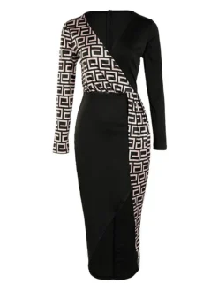 Women's Party Dress Bodycon Sheath Dress Midi Dress Black And White Stripes Long Sleeve Check Zipper Winter Fall Autumn V Neck Modern Winter Dress Weekend Fall Dress Slim 2023 S M L XL XXL -Party Prom Dresses Sales Store hpstmg1656057438951