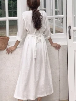 Women's Cotton Linen Dress Loose White Dress Maxi Long Dress Linen Cotton Blend Casual V Neck Puff Sleeve Tie Belt Half Sleeve Summer Spring 2022 Regular Fit Black White Pure Color S M L XL -Party Prom Dresses Sales Store hpxkxc1624953483308