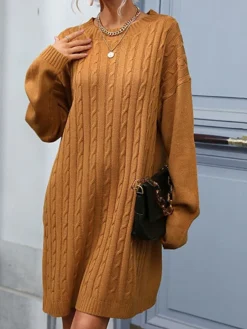 Women's Sweater Dress Jumper Dress Casual Dress Mini Dress Warm Pure Color Outdoor Casual Daily Going Out Crew Neck Long Sleeve 2023 Loose Fit Camel S M L