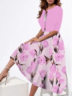 Women's Two Piece Dress Set Casual Dress Tank Dress Outdoor Daily Fashion Streetwear Print Midi Dress Strap Half Sleeve Floral Loose Fit Pink Dark Pink Peach Summer Spring S M L XL XXL -Party Prom Dresses Sales Store hqfuis1687319836141