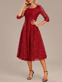 Women's Party Dress Lace Dress Cocktail Dress Midi Dress Red 3/4 Length Sleeve Pure Color Lace Spring Fall Winter Crew Neck Fashion Winter Dress Christmas Wedding Guest 2023 S M L XL XXL 3XL -Party Prom Dresses Sales Store hqocnp1697613770974