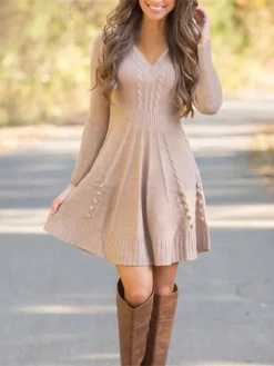 Women‘s Sweater Dress Winter Dress Black Dress Black Red Brown Long Sleeve Pure Color Knit Winter Fall V Neck Stylish Modern 2023 S M L XL 2XL