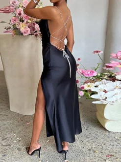 Women's Party Dress Homecoming Dress Satin Dress Pink Dress Long Dress Maxi Dress Black Sleeveless Pure Color Lace Up Summer Spring Fall Spaghetti Strap Fashion Party Birthday Evening Party Slim 2023 -Party Prom Dresses Sales Store hqtjem1669448390223