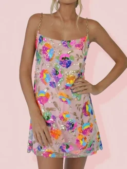 Women's Party Dress Sequin Dress Homecoming Dress Mini Dress White Pink Sleeveless Floral Sequins Summer Spring Spaghetti Strap Stylish Party Vacation Summer Dress 2022 S M L XL