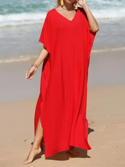 Women's White Dress A Line Dress Cover Up Long Dress Maxi Dress Cotton Basic Casual Outdoor Daily Vacation V Neck Split 3/4 Length Sleeve Summer Spring Fall 2022 Loose Fit Black White Yellow Plain -Party Prom Dresses Sales Store hripul1672828154100