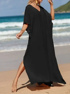 Women's White Dress A Line Dress Cover Up Long Dress Maxi Dress Cotton Basic Casual Outdoor Daily Vacation V Neck Split 3/4 Length Sleeve Summer Spring Fall 2022 Loose Fit Black White Yellow Plain -Party Prom Dresses Sales Store hrxkqn1672828147739