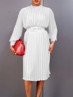 Women's Work Dress Casual Dress Black Dress Fashion Office Daily Workfashion Midi Dress Lace Up Pleated Crew Neck Long Sleeve Plain Regular Fit Black White Red Fall Winter S M L XL XXL -Party Prom Dresses Sales Store hsfqez1695645192334