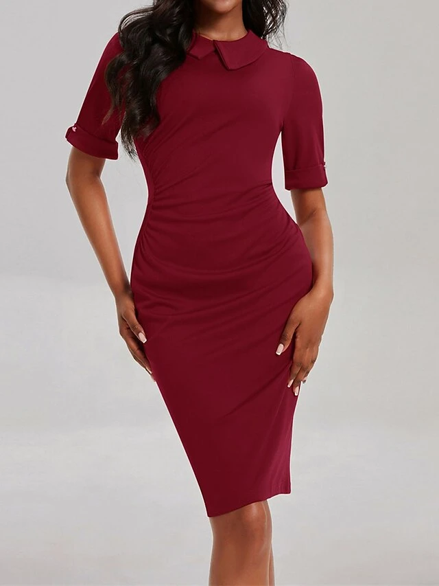 Women's Work Dress Sheath Dress Semi Formal Dress Fashion Office Daily Workfashion Midi Dress Ruched Shirt Collar Half Sleeve Plain Slim Black Wine Navy Blue Fall Winter S M L XL XXL 5 Women's Work Dress Sheath Dress Semi Formal Dress Fashion Office Daily Workfashion Midi Dress Ruched Shirt Collar Half Sleeve Plain Slim Black Wine Navy Blue Fall Winter S M L XL XXL - Image 5