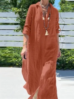 Women's Shirt Dress Cotton Linen Dress Casual Dress Maxi Long Dress Cotton And Linen Basic Casual Outdoor Daily Shirt Collar Split Long Sleeve Summer Spring Fall 2023 Loose Fit Navy Blue Orange Green -Party Prom Dresses Sales Store hstmhp1681380579497
