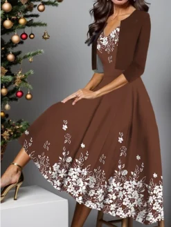 Women's Two Piece Dress Set Casual Dress Swing Dress Outdoor Daily Fashion Elegant Print Midi Dress V Neck Half Sleeve Floral Regular Fit Black Royal Blue Blue Fall Winter S M L XL XXL -Party Prom Dresses Sales Store htdooh1697424508429