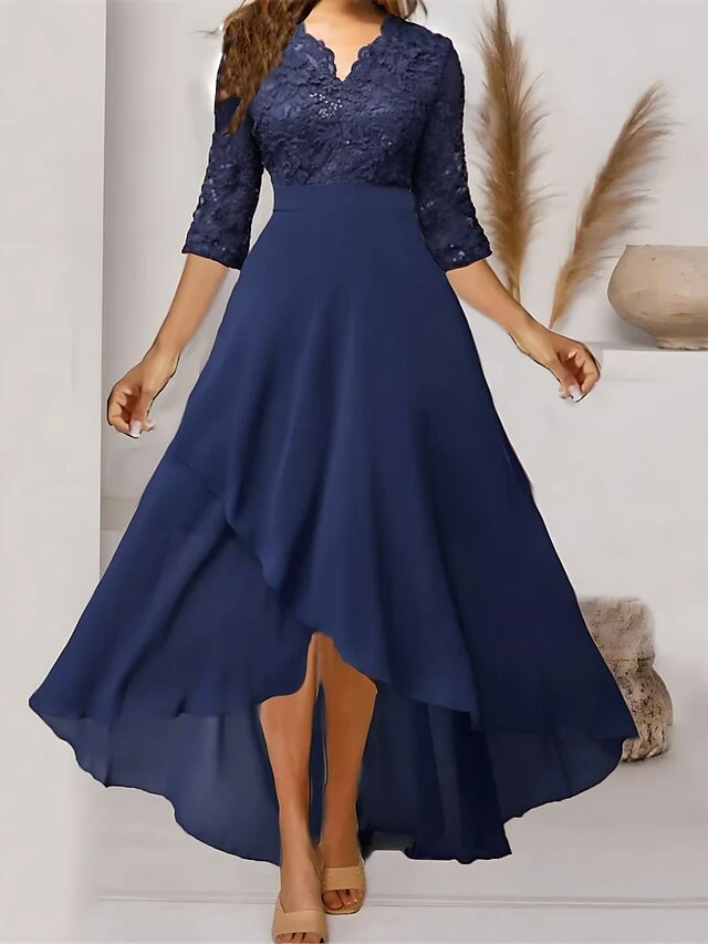 Women‘s Formal Party Dress Maxi Long Dress Navy Blue 3/4 Length Sleeve Print Pure Color Ruched Lace Fall Winter V Neck Elegant Fashion Modern 2023 3XL 1 Women‘s Formal Party Dress Maxi Long Dress Navy Blue 3/4 Length Sleeve Print Pure Color Ruched Lace Fall Winter V Neck Elegant Fashion Modern 2023 3XL