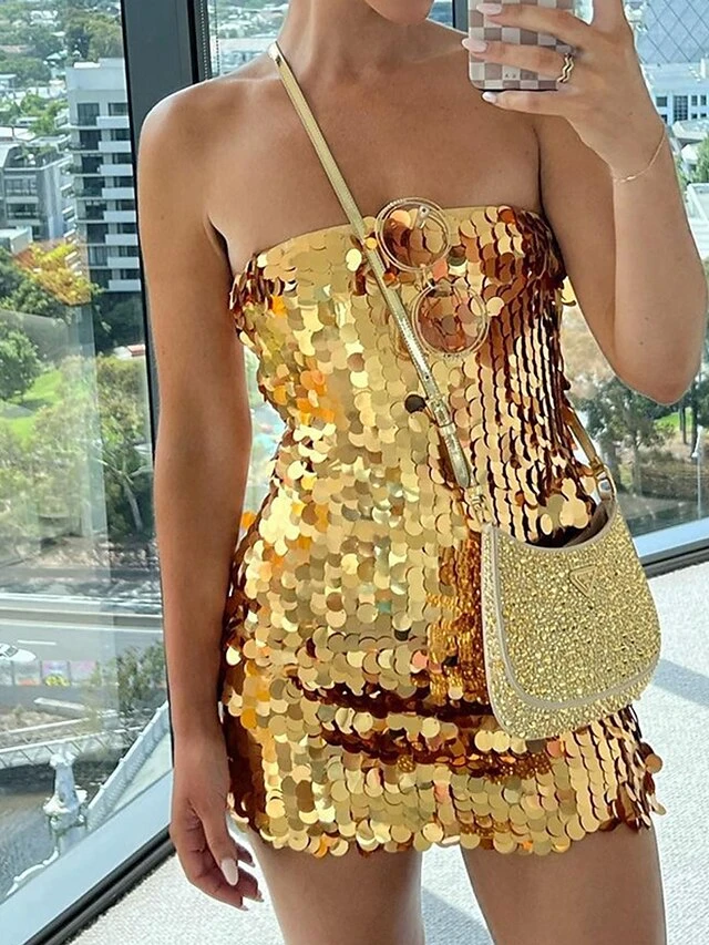 Women's Party Dress Sequin Dress Bodycon Mini Dress Yellow Blue Purple Sleeveless Pure Color Sequins Summer Spring Strapless Party Vacation Summer Dress Slim 2023 S M L 1 Women's Party Dress Sequin Dress Bodycon Mini Dress Yellow Blue Purple Sleeveless Pure Color Sequins Summer Spring Strapless Party Vacation Summer Dress Slim 2023 S M L