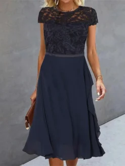 Women's Party Dress Lace Dress Cocktail Dress Midi Dress Dark Blue Short Sleeve Pure Color Lace Summer Spring Fall Crew Neck Fashion Vacation Summer Dress 2023 S M L XL 2XL 3XL