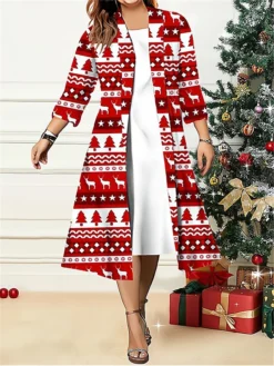 Women's Plus Size Two Piece Dress Set Casual Dress Swing Dress Outdoor Office Fashion Streetwear Print Midi Dress Crew Neck 3/4 Length Sleeve Geometric Deer Regular Fit White Wine Red Fall Winter L -Party Prom Dresses Sales Store huqpsp1696907468643