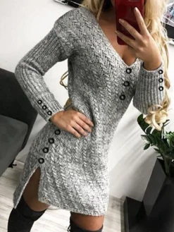 Women‘s Sweater Dress Winter Dress Bodycon Mini Dress Gray Long Sleeve Pure Color Button Fall Winter Autumn V Neck Elegant Winter Dress Fall Dress 2023 S M L XL XXL