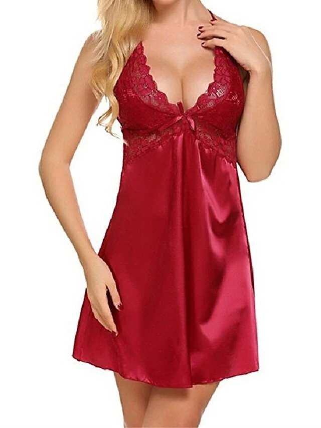 Women's Lace Dress Satin Dress Mini Dress Cute Sexy Lace Backless Solid Color V Neck Party Lounge Black Champagne 2023 Summer Spring S M L XL 2 Women's Lace Dress Satin Dress Mini Dress Cute Sexy Lace Backless Solid Color V Neck Party Lounge Black Champagne 2023 Summer Spring S M L XL - Image 2