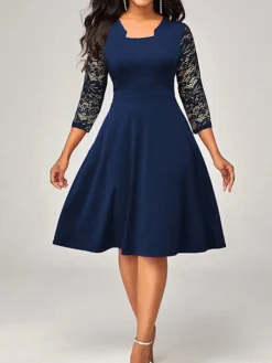 Women's Work Dress Party Dress Swing Dress Fashion Lace Sleeve Midi Dress Lace Square Neck 3/4 Length Sleeve Plain Slim Black Wine Red Summer Spring S M L XL XXL 9 Women's Work Dress Party Dress Swing Dress Fashion Lace Sleeve Midi Dress Lace Square Neck 3/4 Length Sleeve Plain Slim Black Wine Red Summer Spring S M L XL XXL -Party Prom Dresses Sales Store hvievx1679467854259