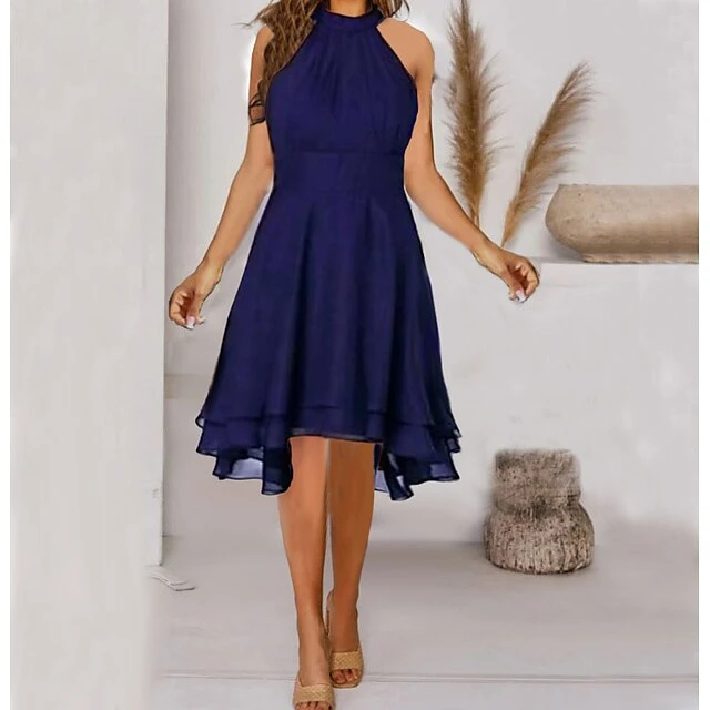 Women‘s Wedding Guest Dress Party Dress Knee Length Dress Navy Wine Red Green Black Blue Purple Sleeveless Pure Color Cold Shoulder Spring Summer Halter Neck Elegant Classic 2023 S M L XL XXL XXXL 4 Women‘s Wedding Guest Dress Party Dress Knee Length Dress Navy Wine Red Green Black Blue Purple Sleeveless Pure Color Cold Shoulder Spring Summer Halter Neck Elegant Classic 2023 S M L XL XXL XXXL - Image 4