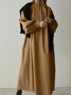 Women's Casual Dress Cotton Linen Dress Loose Dress Maxi Long Dress Polyester Daily Casual Daily Outdoor Daily Holiday Stand Collar Button Long Sleeve Spring Fall Winter 2023 Loose Fit ArmyGreen -Party Prom Dresses Sales Store hvtmla1692961032777