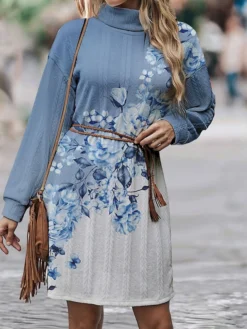 Women's Sweater Dress Jumper Dress Casual Dress Mini Dress Warm Floral Outdoor Daily Vacation Going Out Turtleneck Long Sleeve 2023 Loose Fit Blue Purple Green S M L XL XXL 3XL