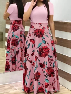 Women's Shift Dress Maxi Long Dress White Black Red Blushing Pink Green Short Sleeve Floral Patchwork Print Fall Winter Round Neck Hot Chinoiserie Batwing Sleeve Cotton 2021 S M L XL XXL -Party Prom Dresses Sales Store hwhsrm1599205784371