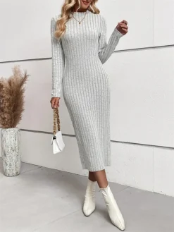 Women's Sweater Dress Winter Dress Jumper Dress Midi Dress Ribbed Outdoor Work Street Fashion Modern Crew Neck Long Sleeve 2023 Slim Light Grey Color S M L XL Size -Party Prom Dresses Sales Store hwibgt1694594776553